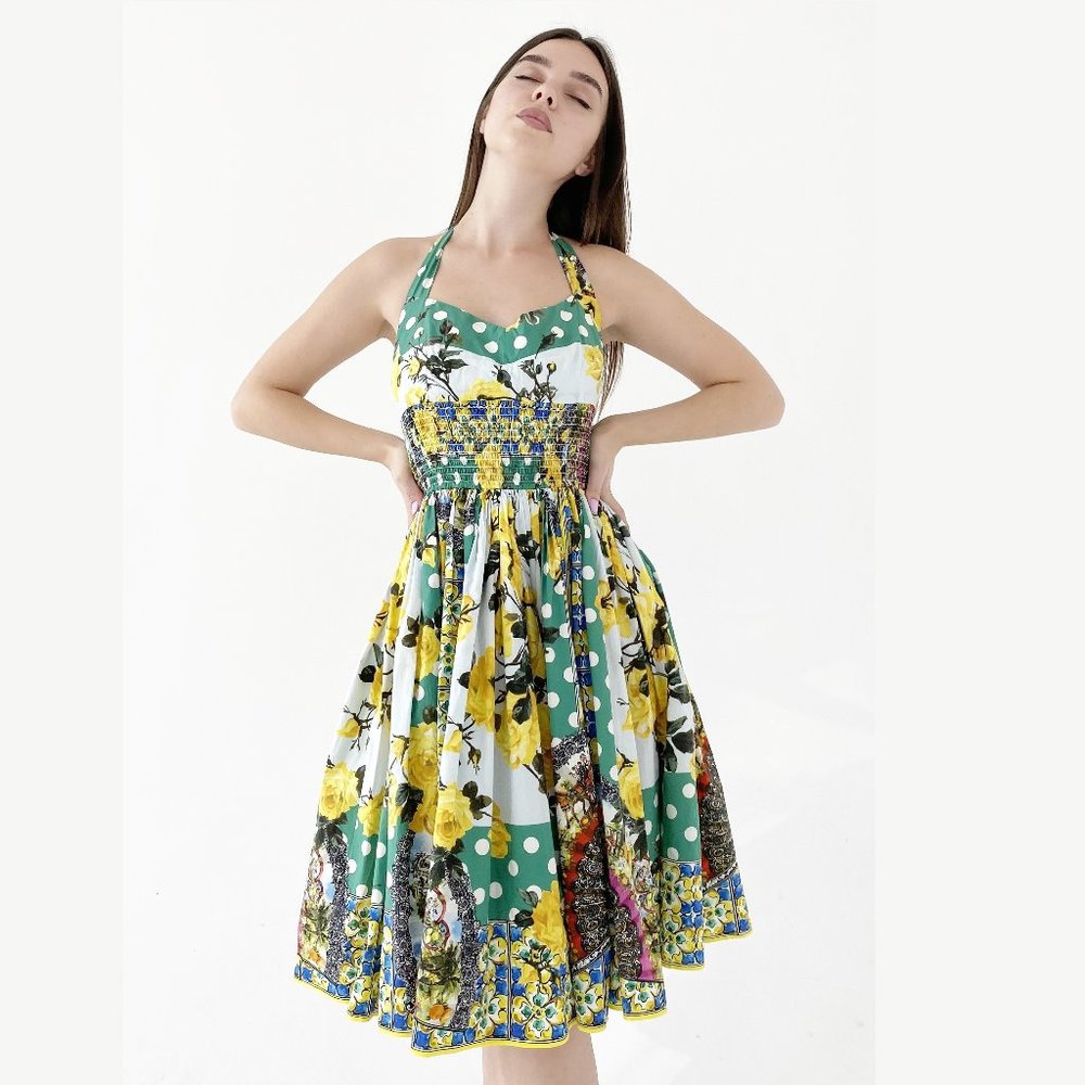 Dolce&Gabbana Cotton Poplin Dress with Fan Dot Carretto Size 40 IT Made in Italy